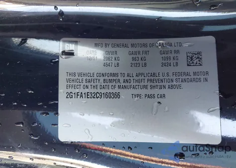 2012 Chevrolet Camaro 2Ls from USA, damaged, VIN 2G1FA1E32C9160366